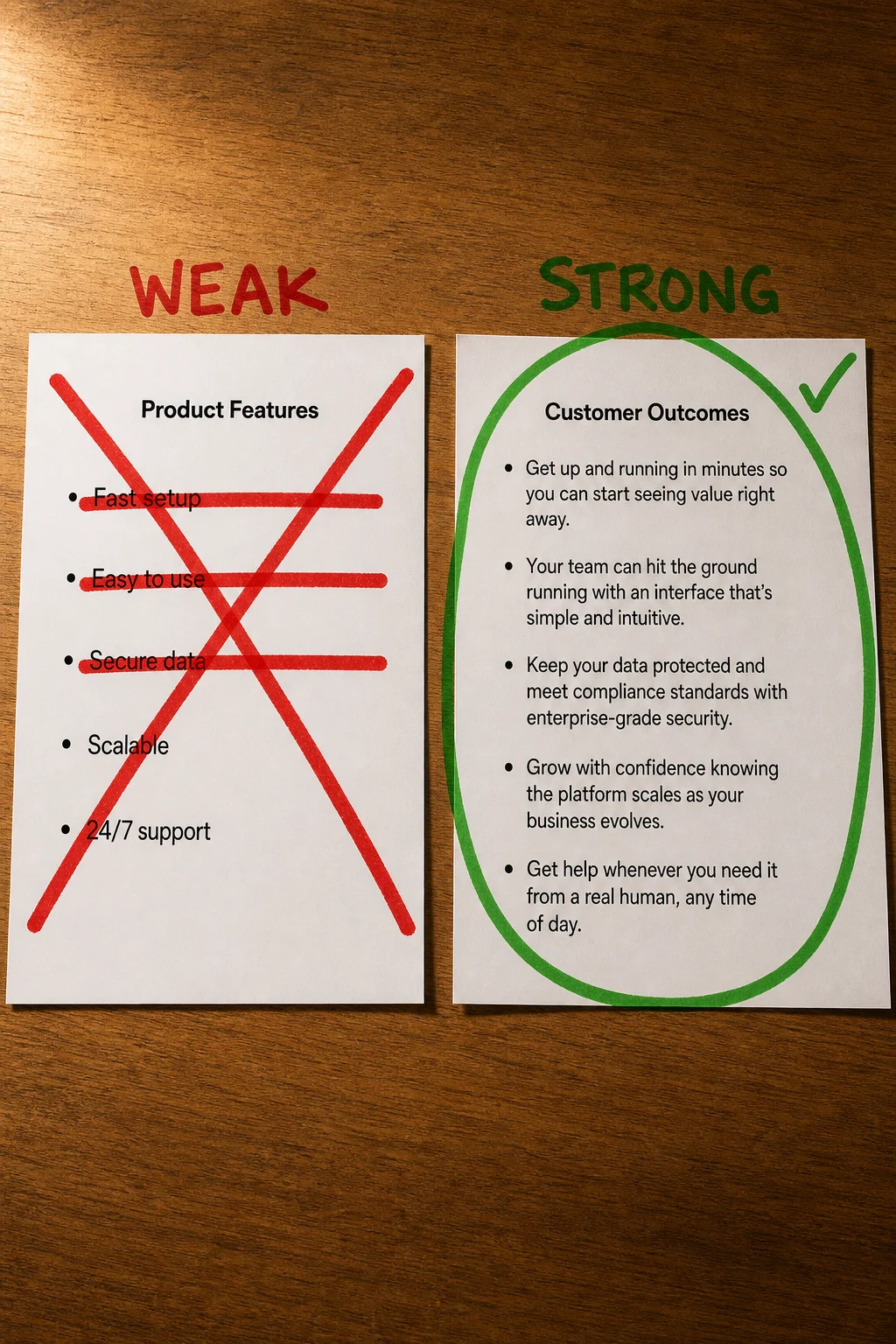 Feature bullets get crossed out for a reason: outcome-focused copy earns the checkmark because it tells readers exactly what changes for them, not just what the product does.
