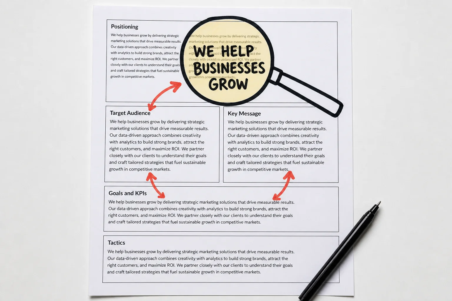 A completed template with every box filled is not the same as a strategy: when the positioning, audience, and goals sections all say the same interchangeable thing, the document.