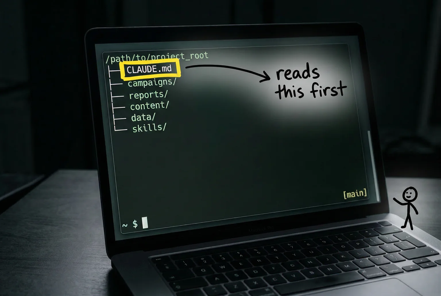CLAUDE.md sits at the project root and is the first thing Claude reads every session — your standing briefing, written once.