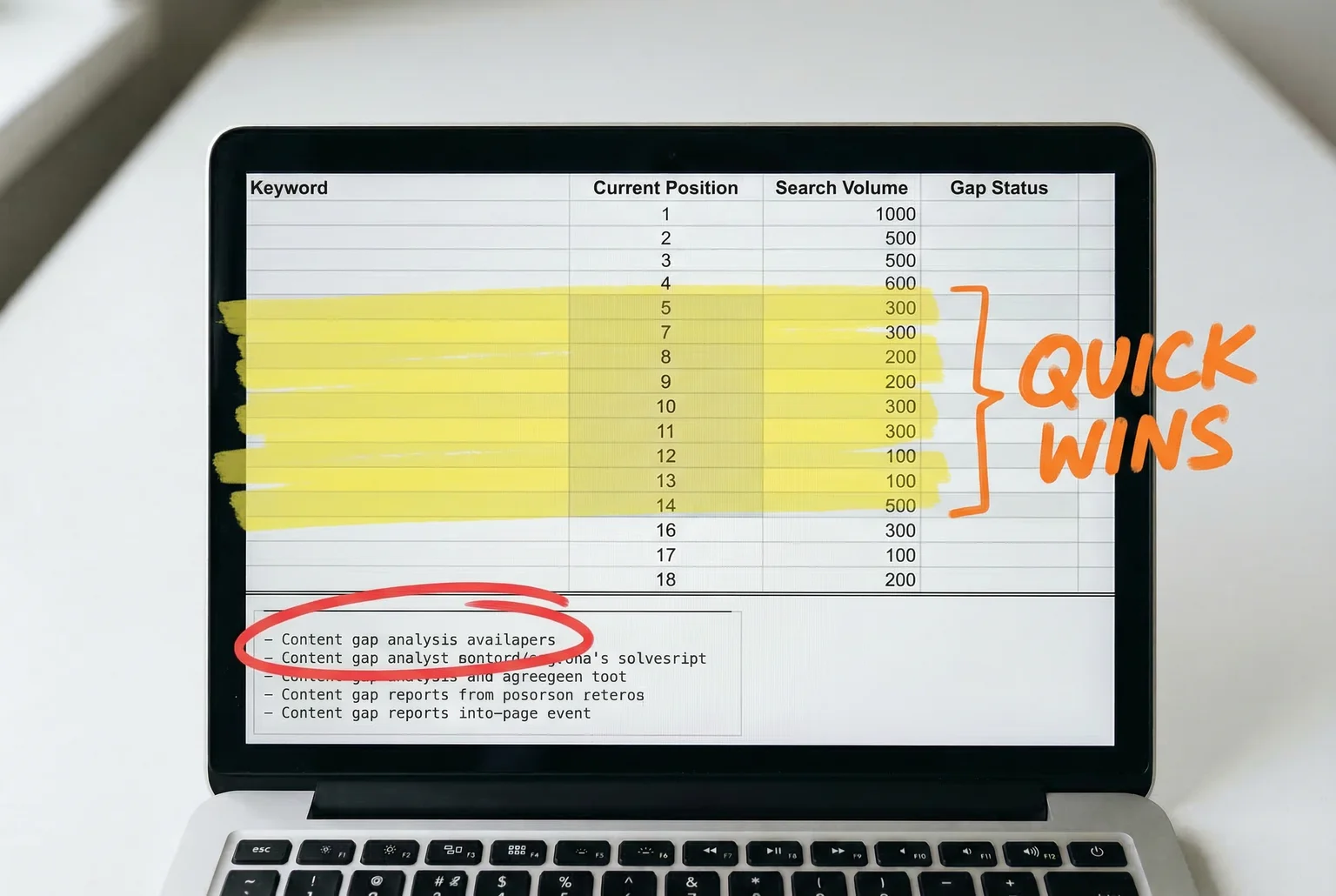 Positions 5–15 are the quick wins — Claude clusters, gaps, and prioritizes them before you've touched a pivot table.