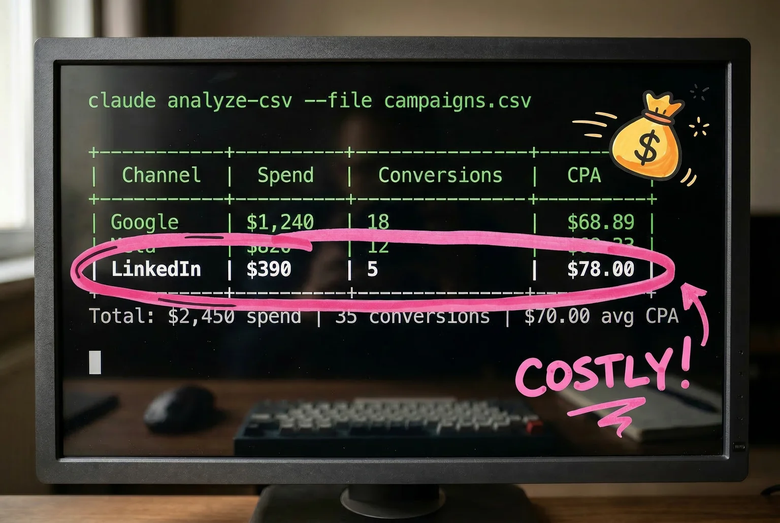 A $70 average CPA across three channels, computed in 90 seconds — and the LinkedIn outlier is already circled.