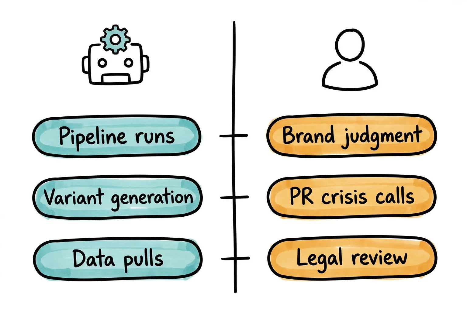 The split is clean: Claude Code owns the repeatable work, you own the judgment calls that carry risk.