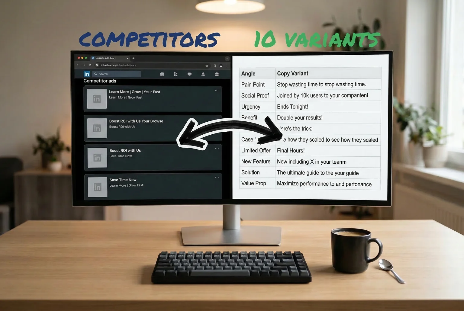 Competitor ads in, ten copy variants out — the creative brief that used to take two hours now fits in one screen.
