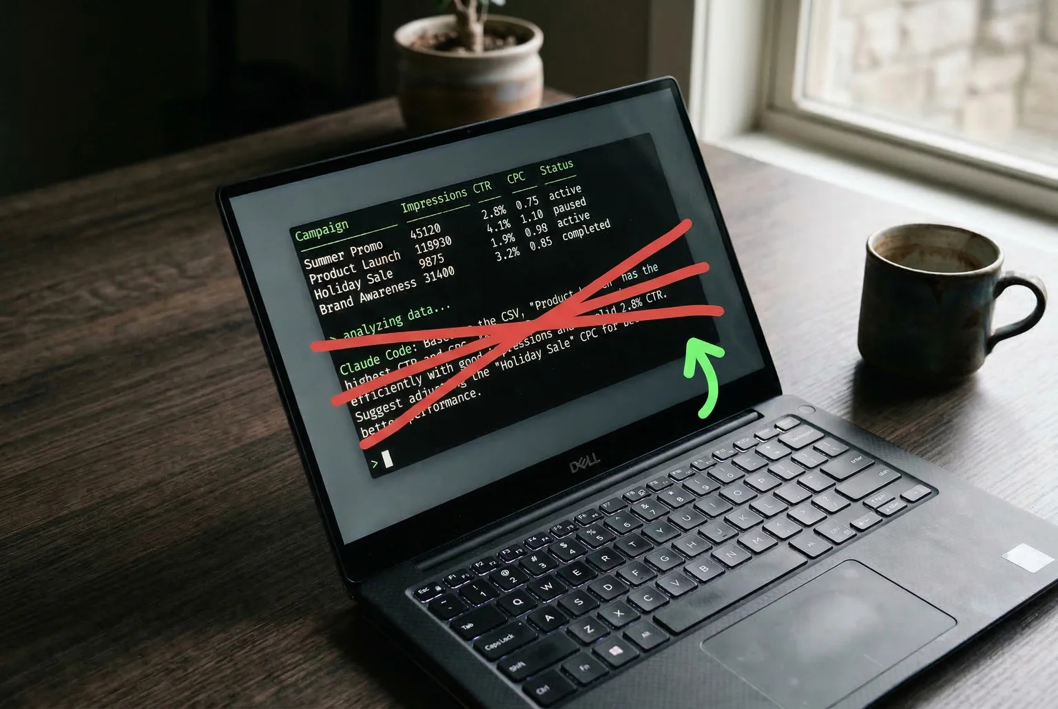 Two hours of ad review, compressed into a terminal session: flagged losers, generated replacements, ready to deploy.