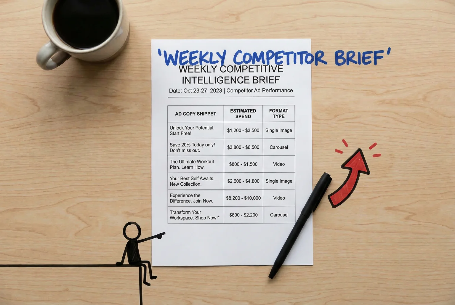The LinkedIn Ad Intelligence Agent outputs a structured weekly brief — competitor ad copy, estimated spend, and format type, formatted and ready without manual research.