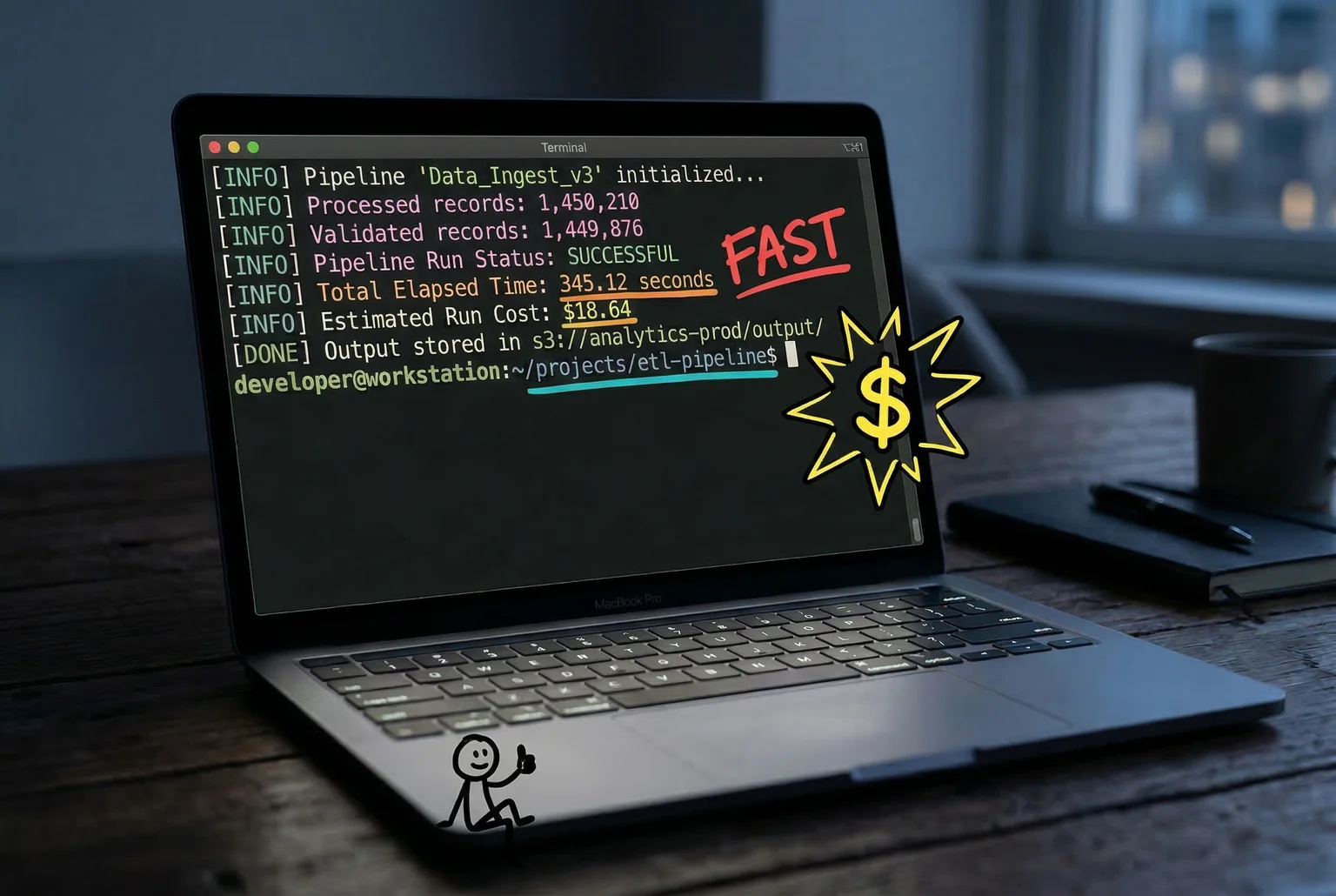 210 records, 52 seconds, $0.23 — a completed pipeline run with nobody watching.