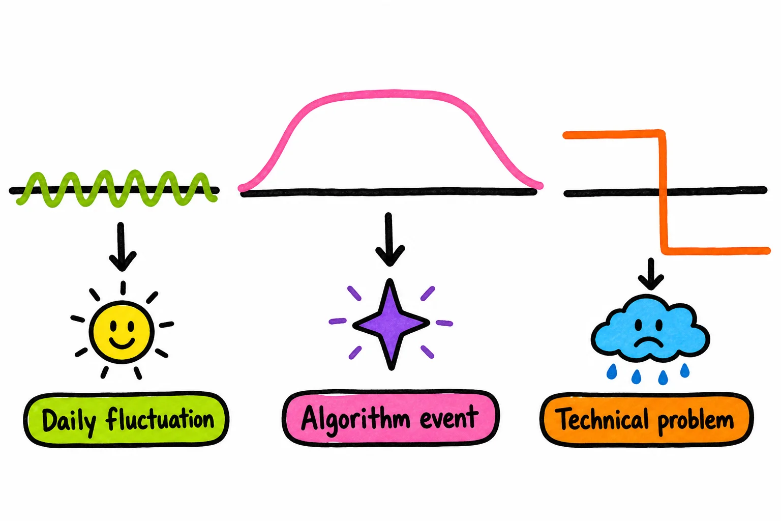 Three patterns that feel identical in Search Console until you look at shape: routine noise stays small and bounces, algorithm events are broad and sustained, and technical.