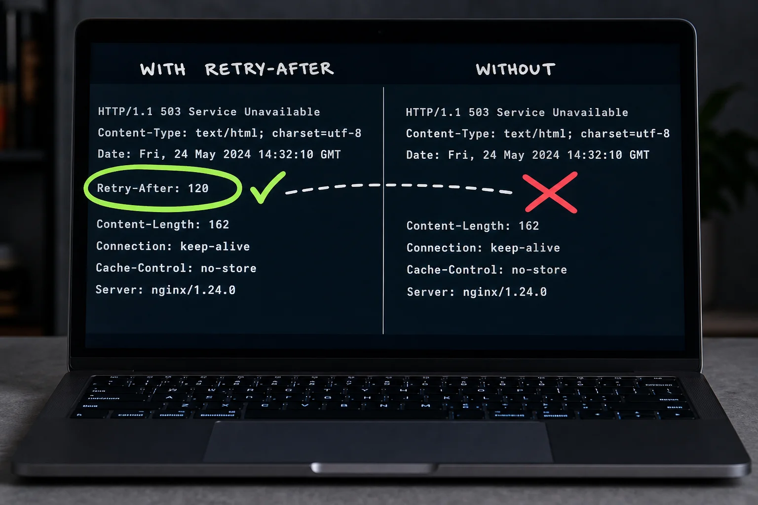 When Retry-After is present, crawlers and retry logic know exactly when to come back.