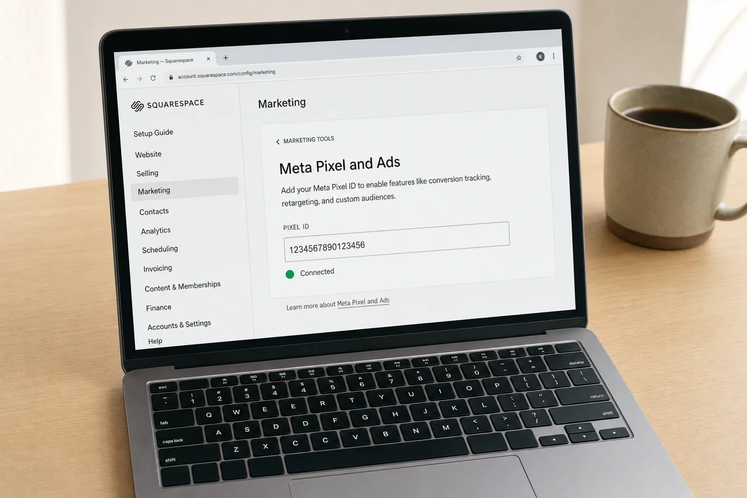 When the pixel ID is saved and the connection is active, the Meta Pixel and Ads panel shows a green status indicator alongside your pixel ID, confirming Squarespace has taken over.