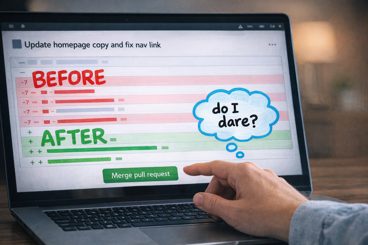 A pull request is just a proposed change with a 'before and after' — and the Merge button is less scary than it looks.