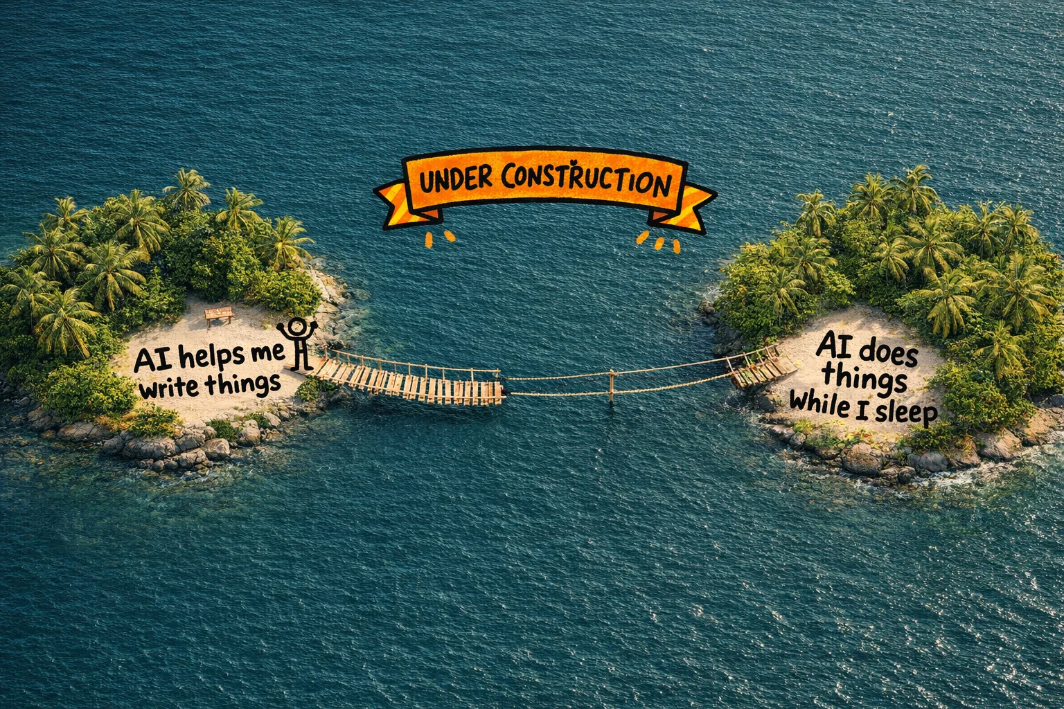 The gap between 'AI helps me write' and 'AI does things for me' feels like open water — but the bridge is already going up.