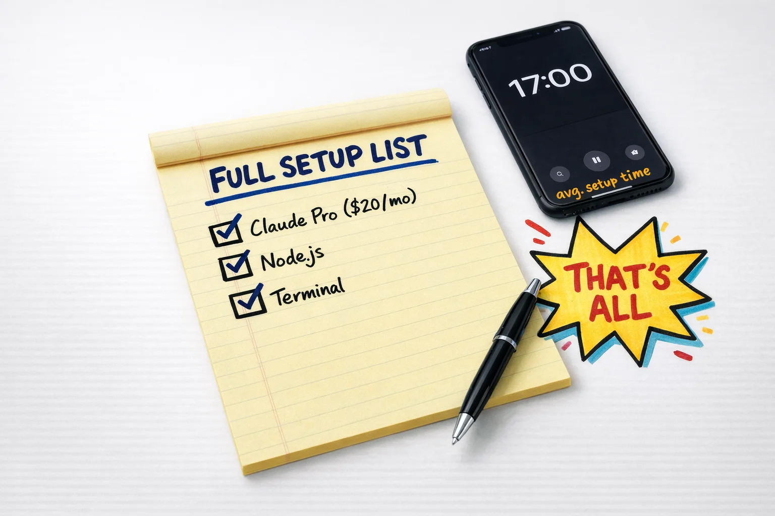 Three things, 2 minutes — that's the entire barrier between you and your first working AI coding session.