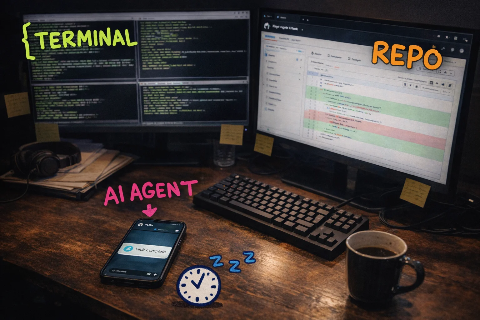 The Tinkerer's desktop: terminal, repo, and an AI agent on Telegram — all running at once, all pointing in the same direction.