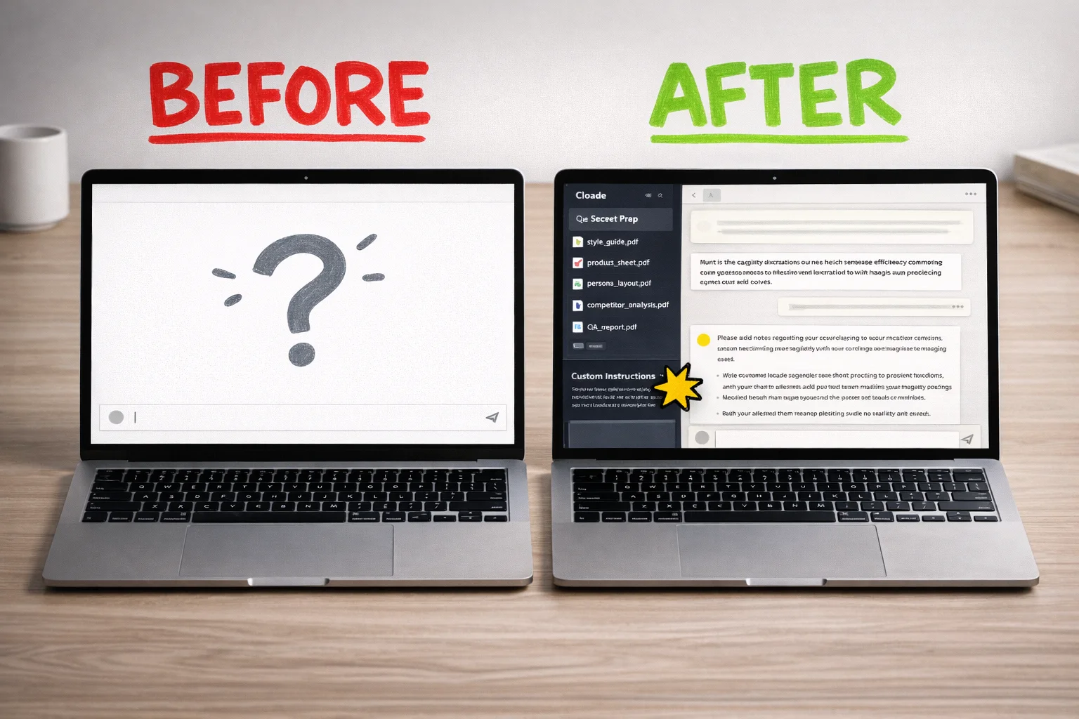 A blank chat window versus a configured Project workspace — the difference in what the AI knows about you before you type a single word.