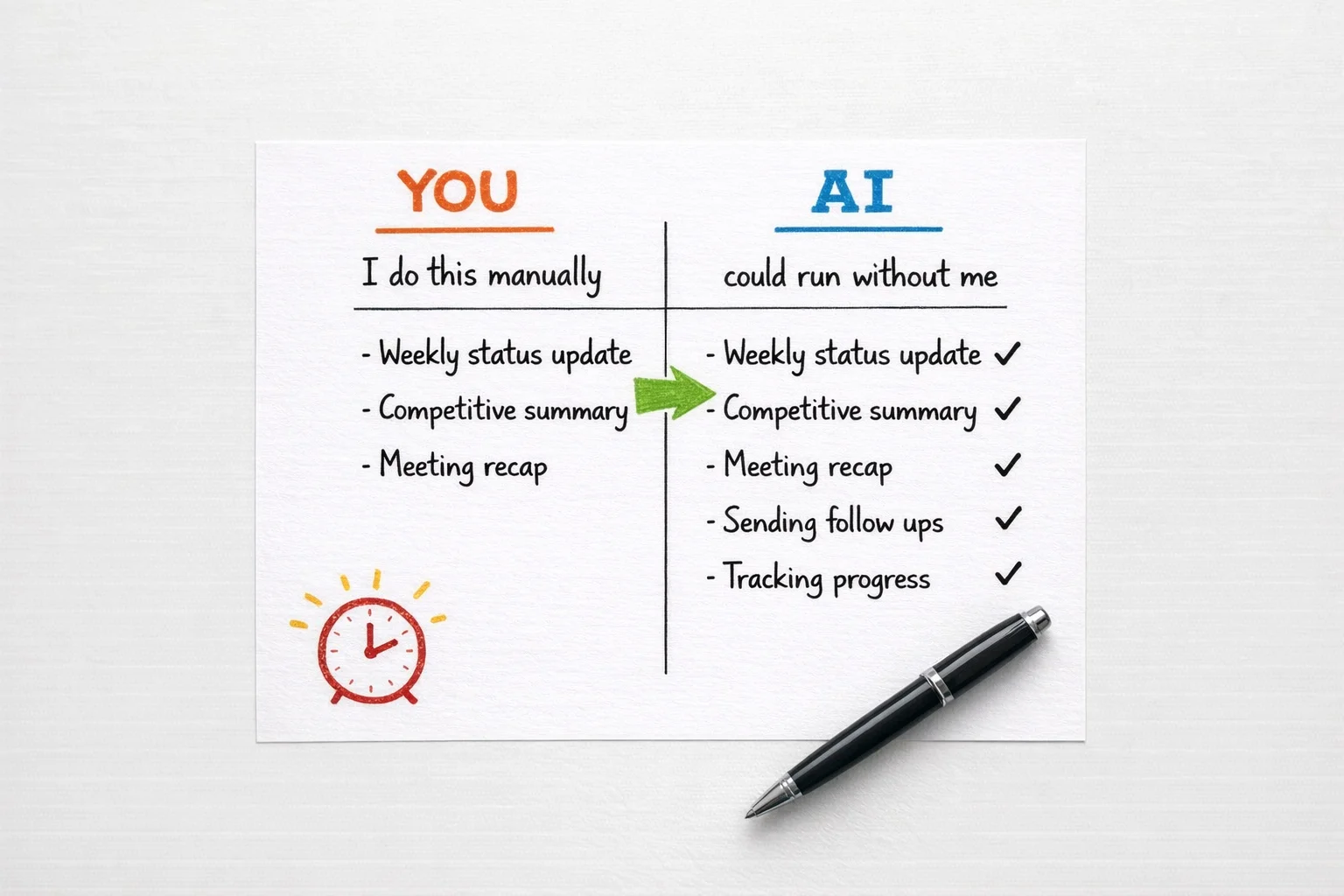 Every item that crosses from the left column to the right is time you get back — and the crossing is faster than you think.