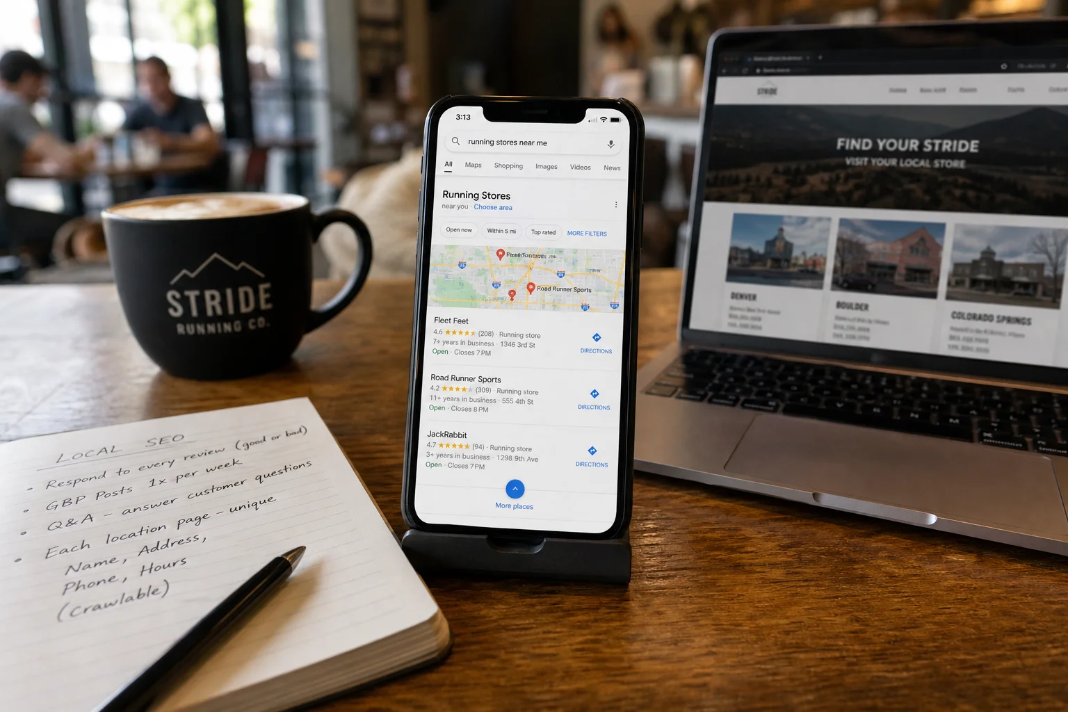 The local pack rewards complete profiles: accurate holiday hours, ten or more photos, and a specific primary category beat generic listings for near-me searches.