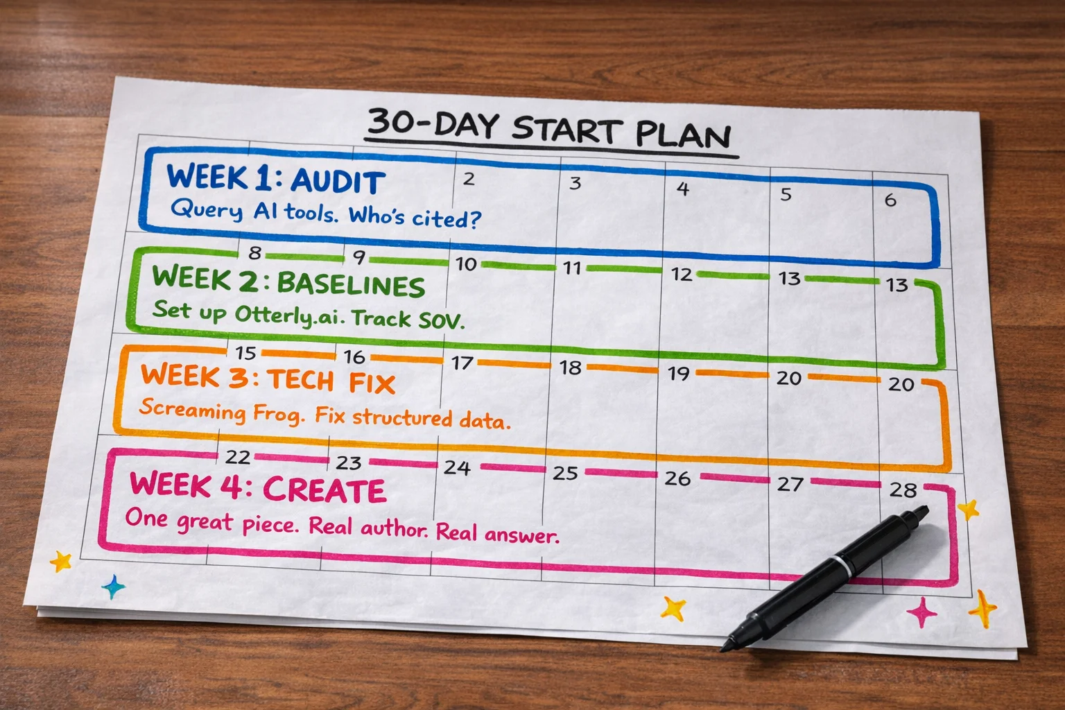 Four weeks. Four moves. The whole plan fits on one page — because it should.
