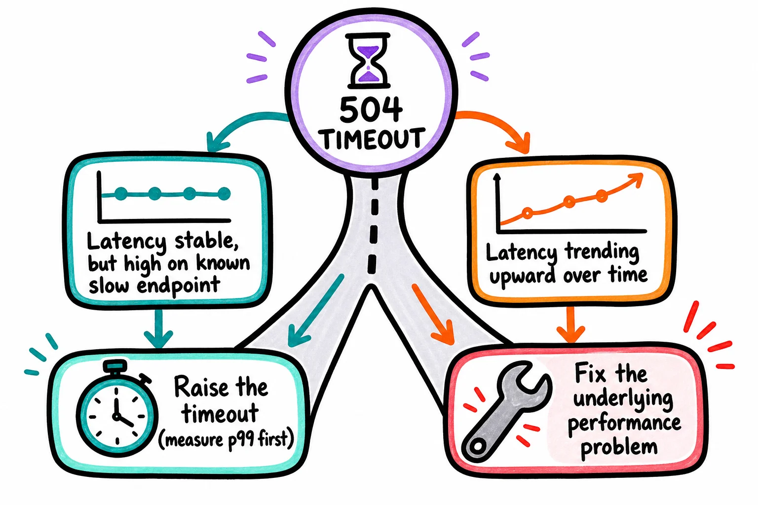 Stable but high latency on a specific endpoint is a timeout problem; latency that keeps climbing week over week is a performance problem, and no timeout value fixes that.
