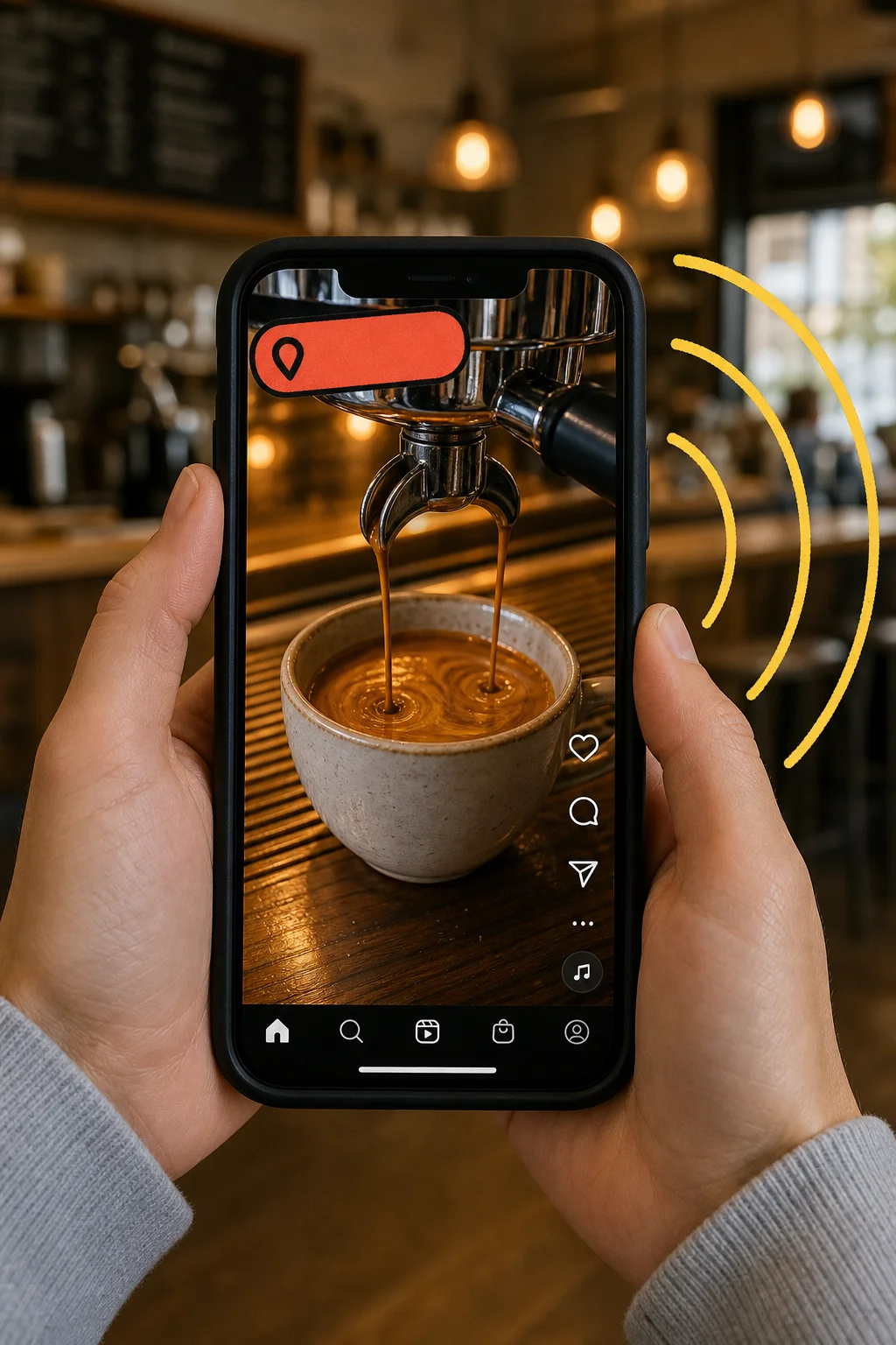 A location sticker on a Reels post is not decoration: it is the mechanism that puts your espresso in front of someone three blocks away who is deciding where to stop this morning.