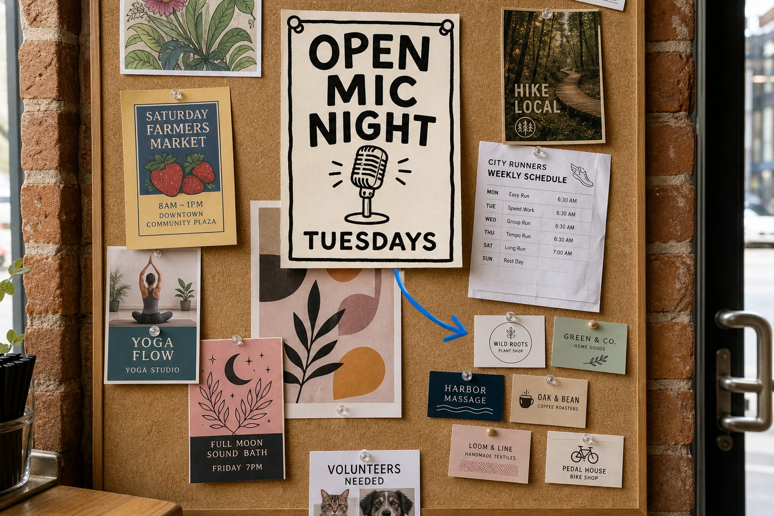 One cork board near the entrance can do the work of a neighborhood advertising network, pulling in running clubs, yoga studios, and a Tuesday night crowd all at once.