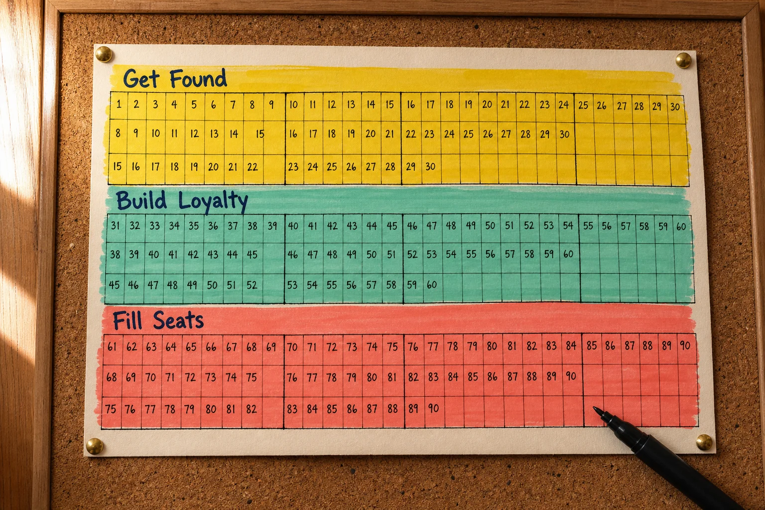 Three color zones on a corkboard calendar turn a 90-day marketing plan into something you can actually pin above your espresso machine.