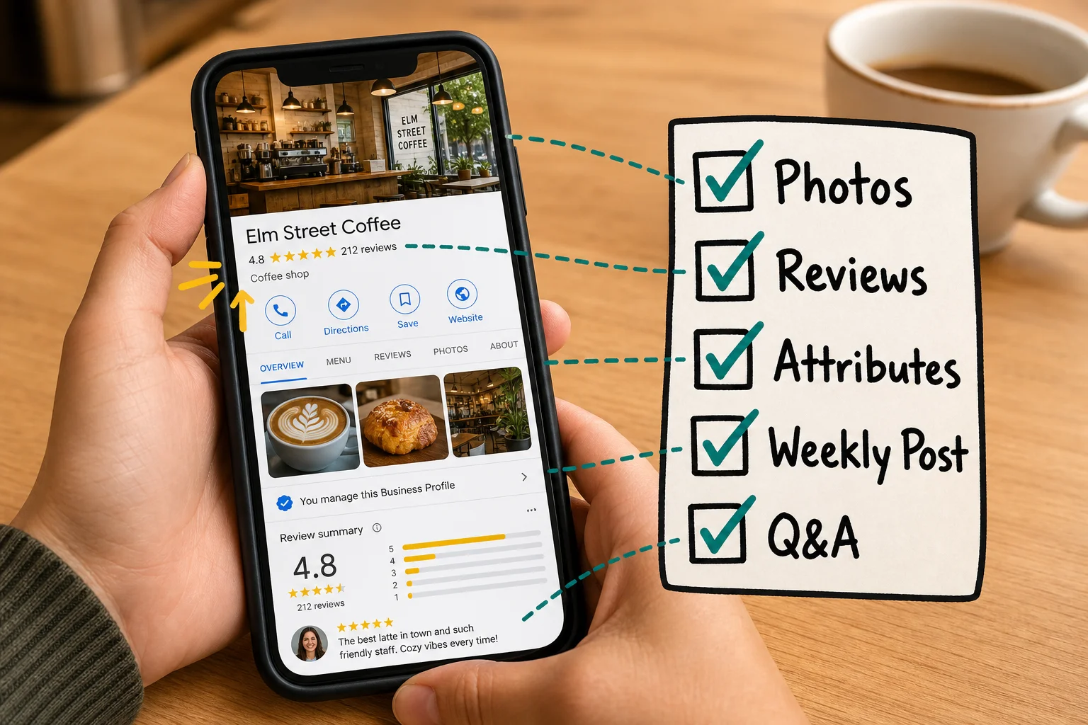 Every field on this profile is filled in, and that completeness is exactly what separates a coffee shop that surfaces in 'near me' searches from one that stays invisible.
