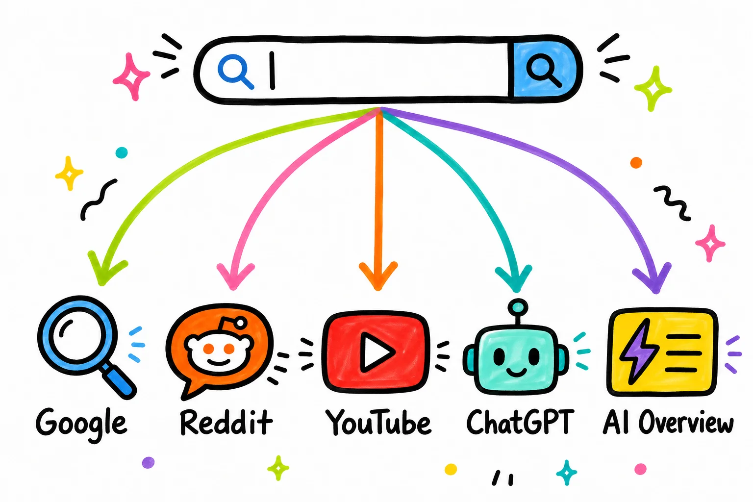 A single search intent now routes across five surfaces simultaneously, and your content either appears on all of them or cedes ground to someone who planned for that.