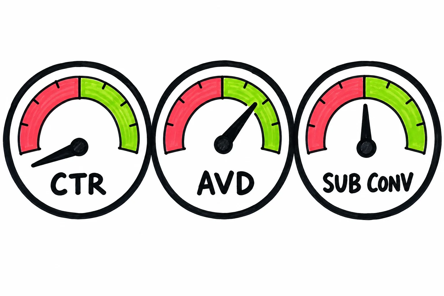 Each signal can be strong or weak on its own terms, which means a low CTR and a strong AVD point to a packaging fix, not a content overhaul.