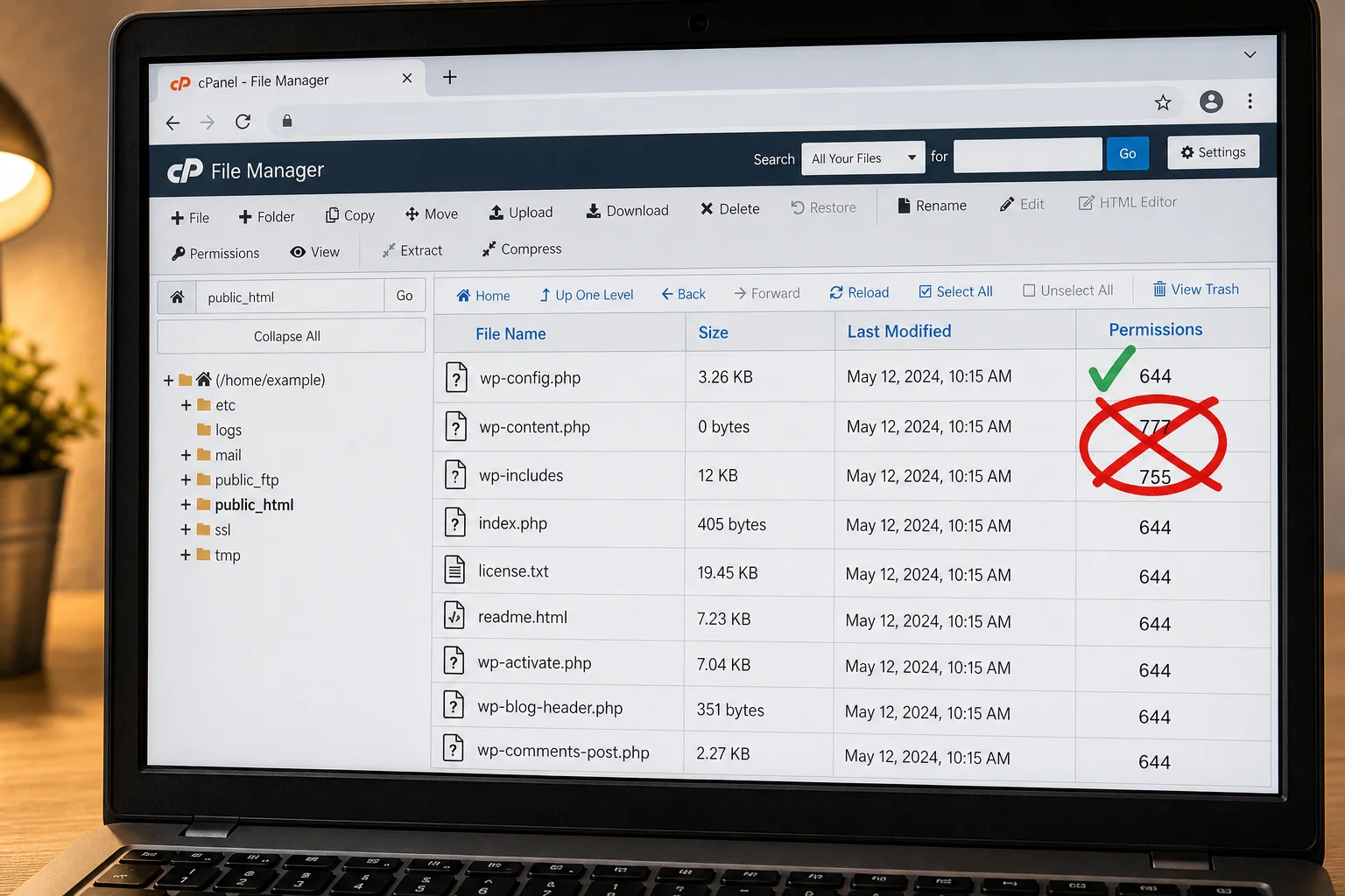 644 is the safe default for WordPress files; 777 hands write access to the entire server and is one of the fastest ways to turn a misconfiguration into a live vulnerability.