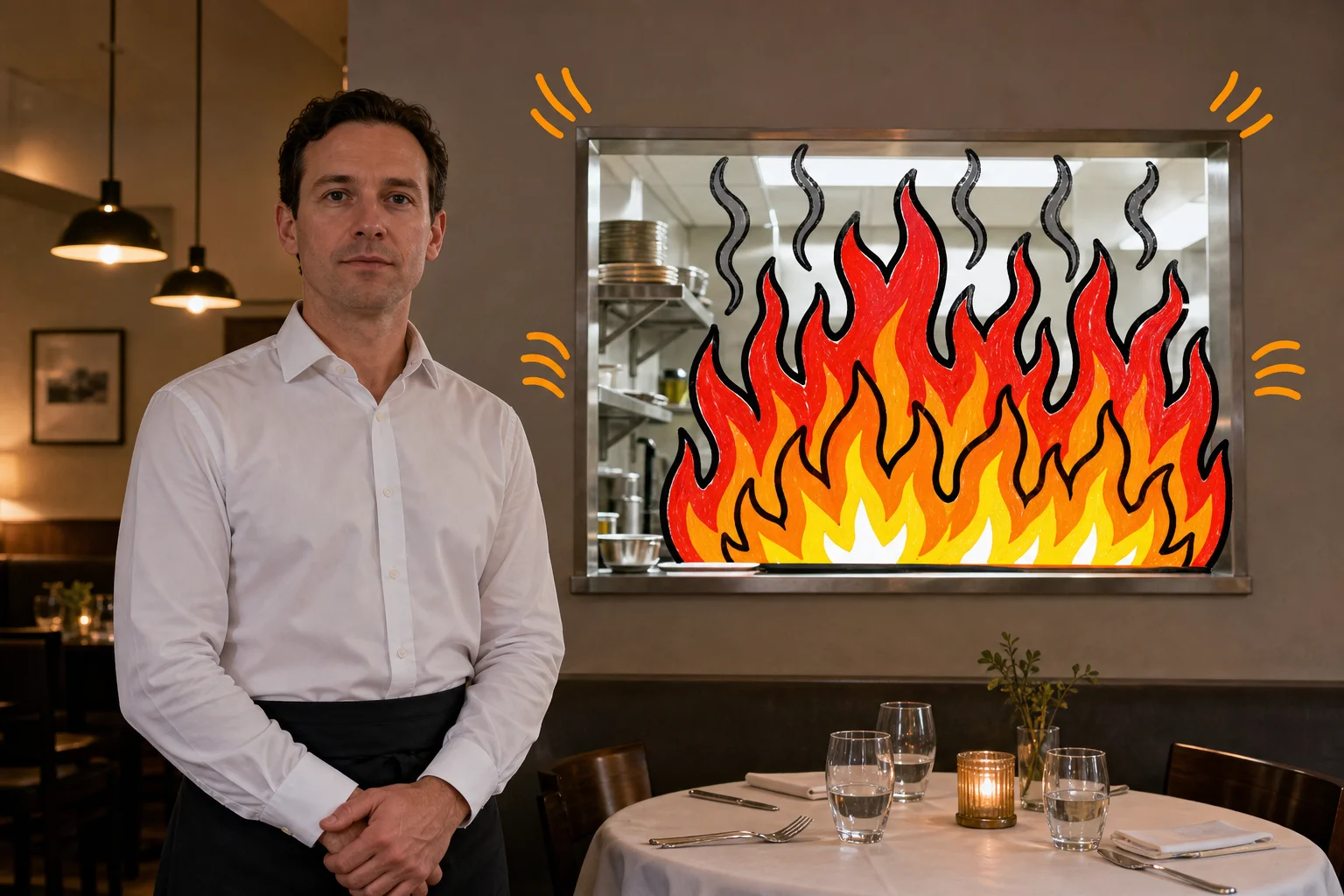 The waiter has one job: deliver the refusal calmly, no matter what is happening on the other side of that wall.