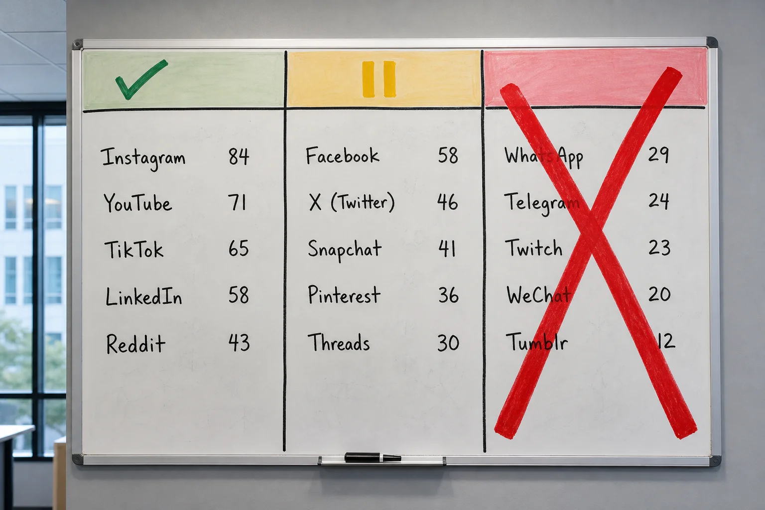 Sorting platforms into three scored columns is straightforward; the hard part is actually drawing the X through the ones you cut.