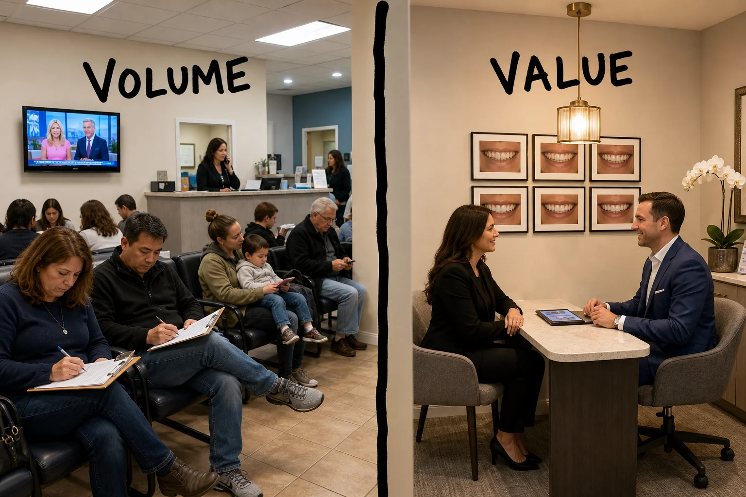 The waiting room packed with clipboard-holding patients and the quiet consultation room with one patient are not the same business at different scales.