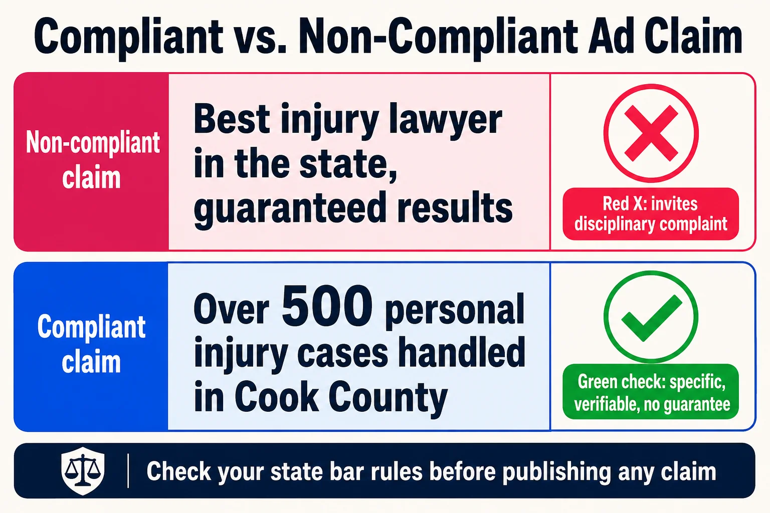The line between a defensible ad and a disciplinary complaint is often just one unverifiable superlative, and this is what that line looks like in practice.