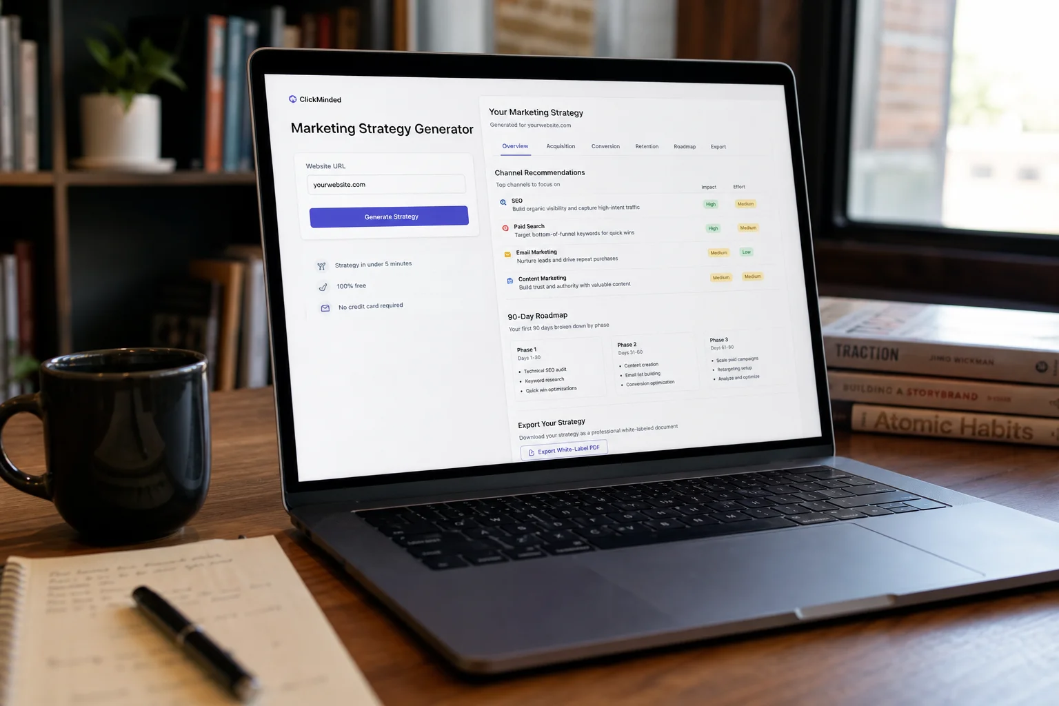 The ClickMinded Marketing Strategy Generator turns a URL into a 1,400-word strategy with a 90-day roadmap in under five minutes.