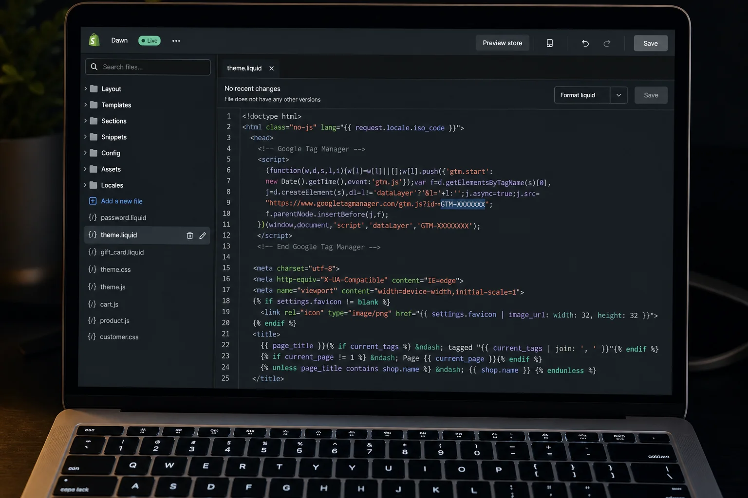 The cursor lands on the container ID placeholder inside theme.