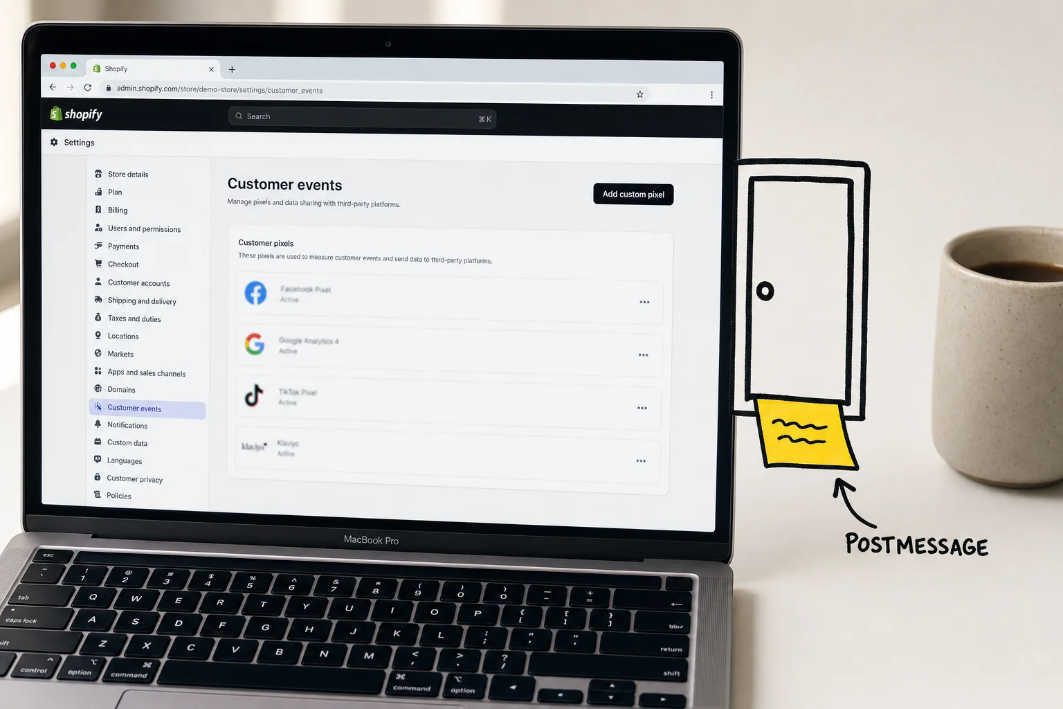 The Shopify Custom Pixel editor lives inside a sandboxed environment: your code runs in its own isolated room and can only reach GTM by sliding a postMessage note under the door.