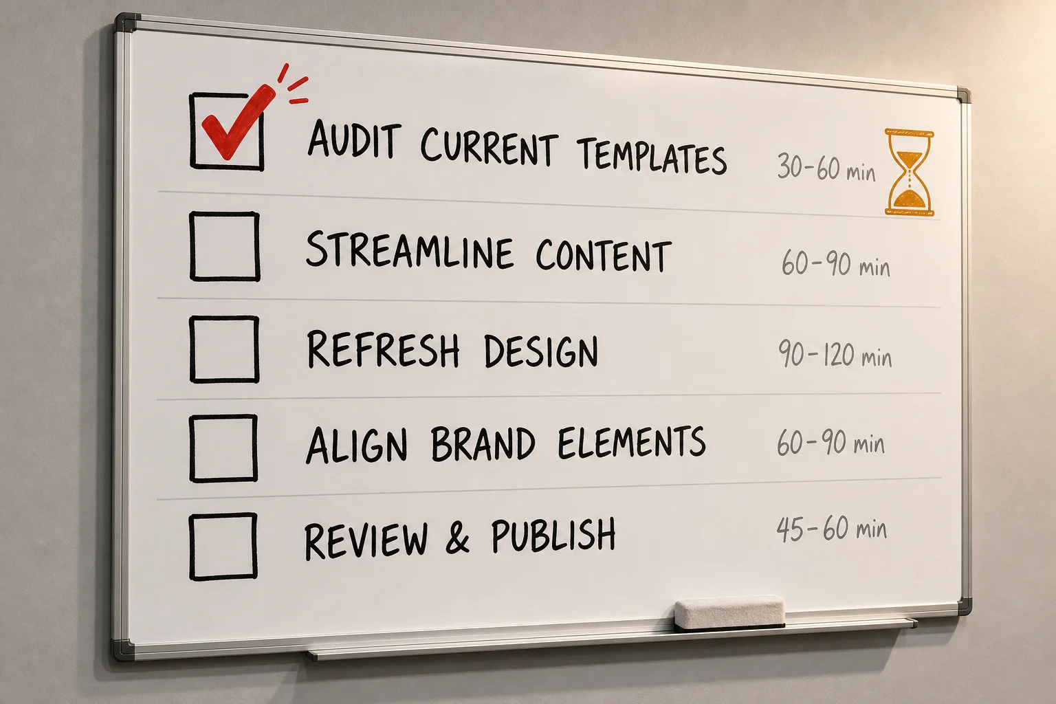 A checklist without a first checkmark is just a wish list: the audit step is where most template refreshes either begin or quietly die.