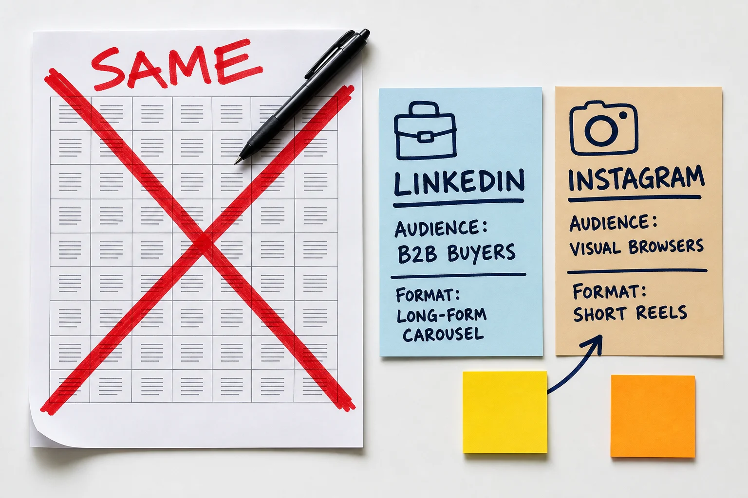 One generic grid applied to every platform is not thoroughness; it is the decision deferred, and separate channel briefs with real audience and format notes are what replace it.