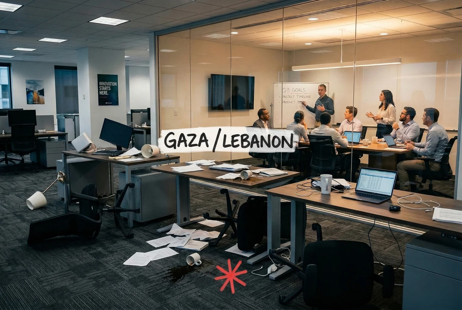 The meeting continues. No one seems to care about the mess outside the meeting room.