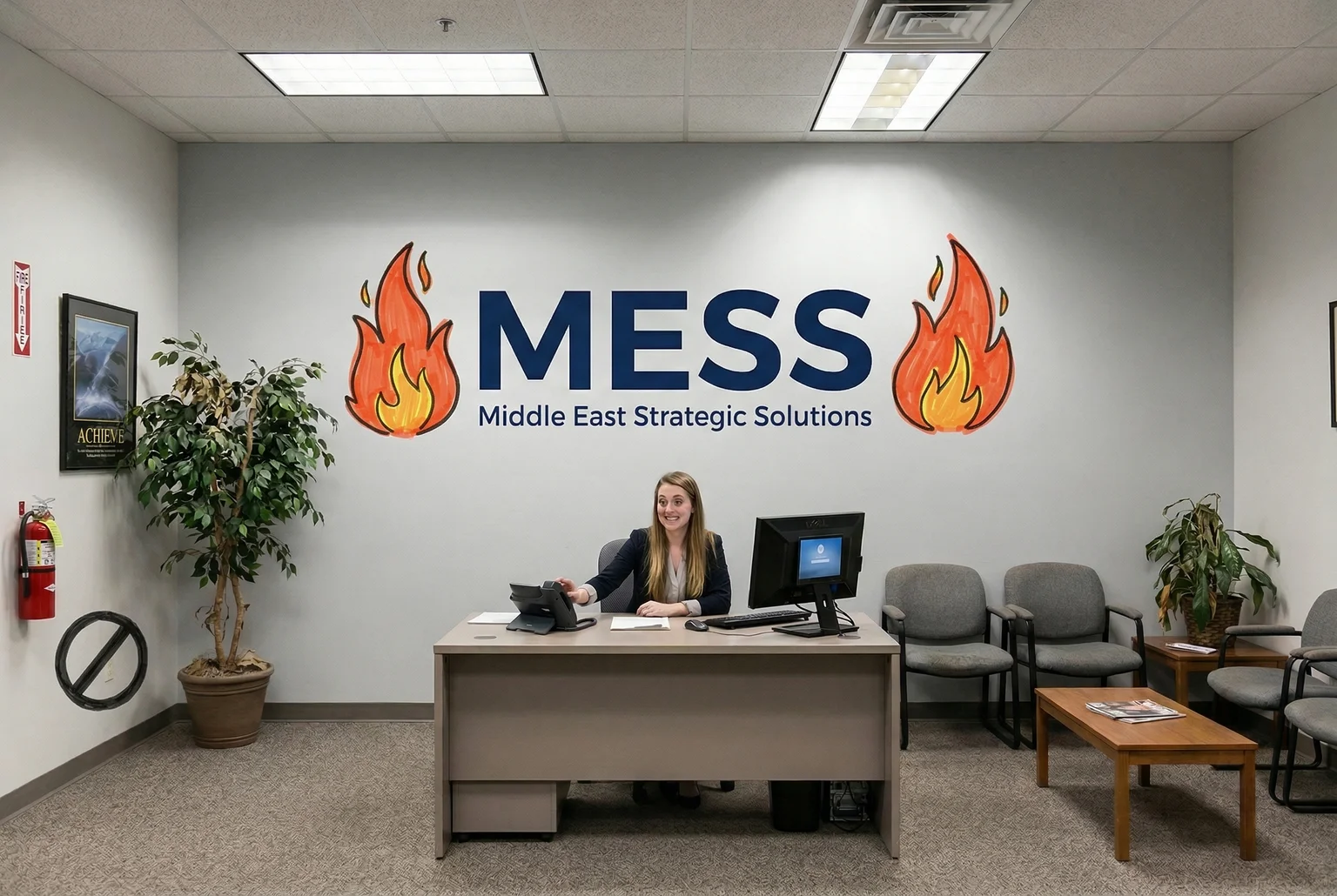 Welcome to MESS headquarters, where the logo is proudly displayed and nobody has addressed the fires.