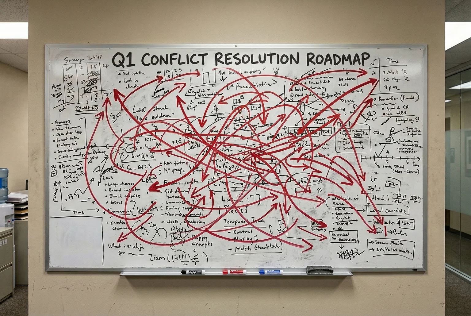 The Q1 conflict resolution roadmap: comprehensive, detailed, and pointing in every direction at once.
