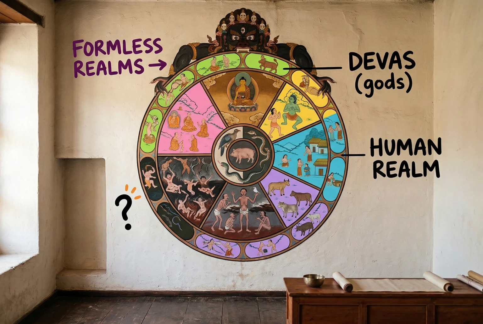 Buddhism mapped consciousness across realms long before it needed to account for what's inside a grey alien's skull.