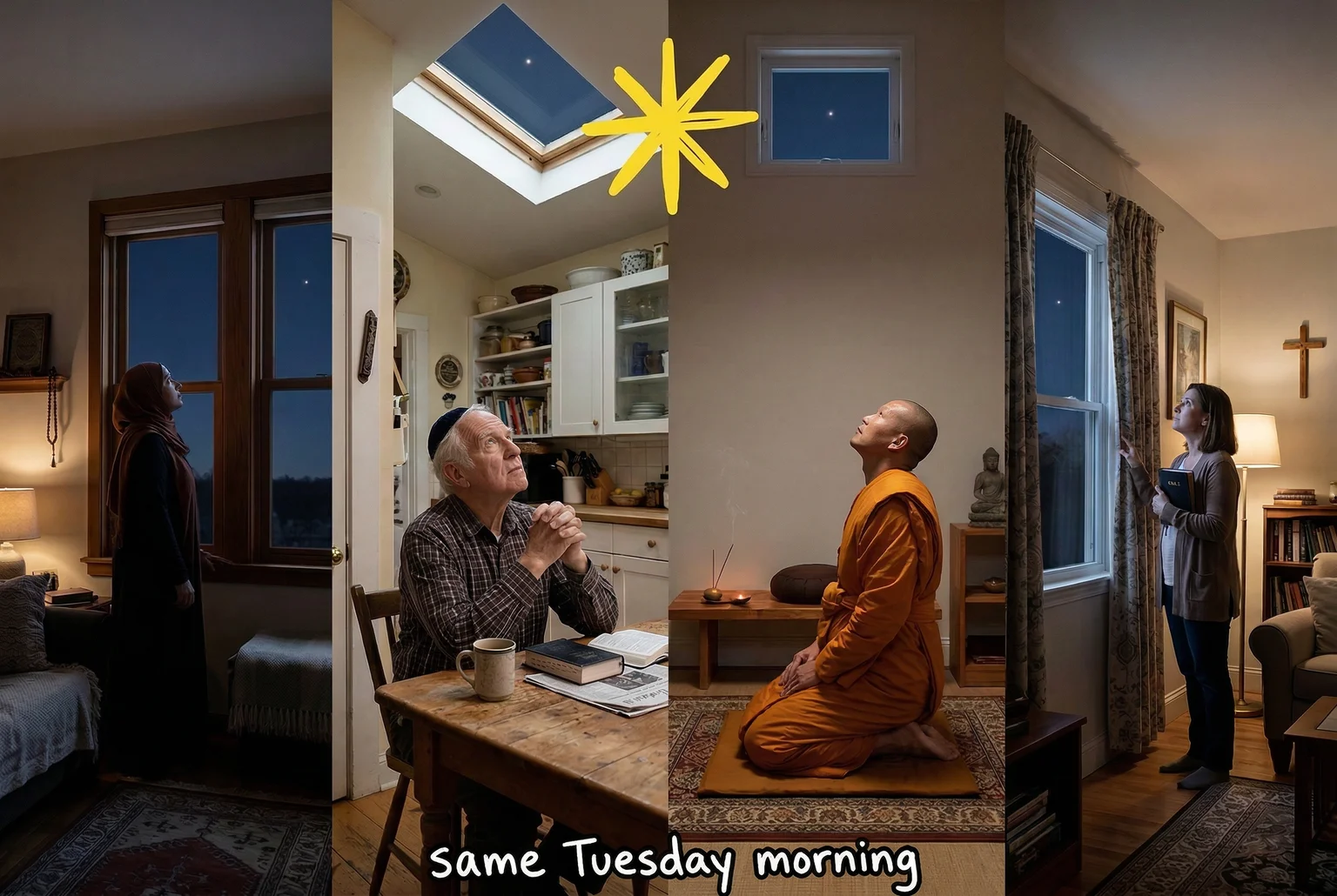 Four traditions, four rooms, one light in the sky — and nobody has a good answer yet.