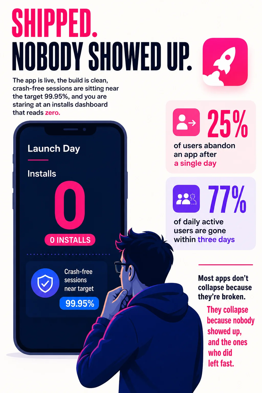 A launch-day installs dashboard stuck at zero illustrates why clean code alone cannot replace a pre-built distribution plan.