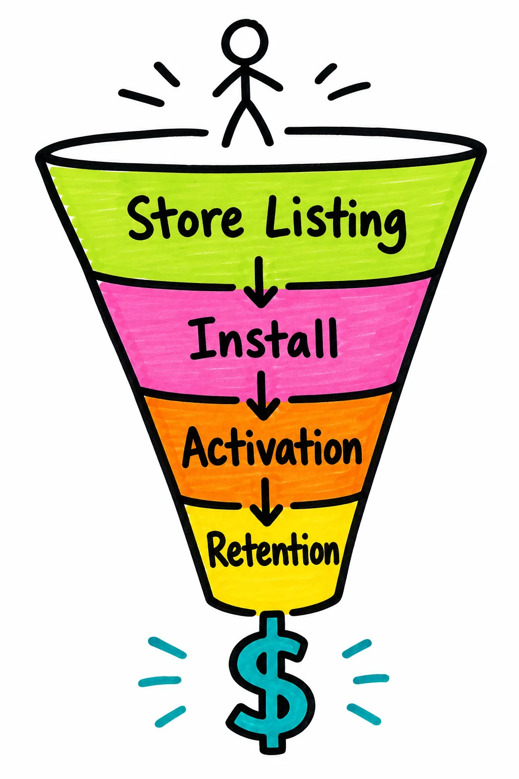 Every stage of app growth depends on the one before it: a weak store listing starves every step downstream, and skipping retention means LTV never materializes.