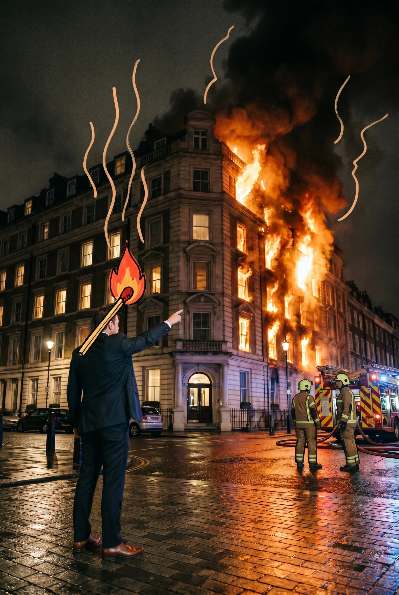 LaLiga, pointing at the building it set on fire, somehow with a lit match still behind its ear.
