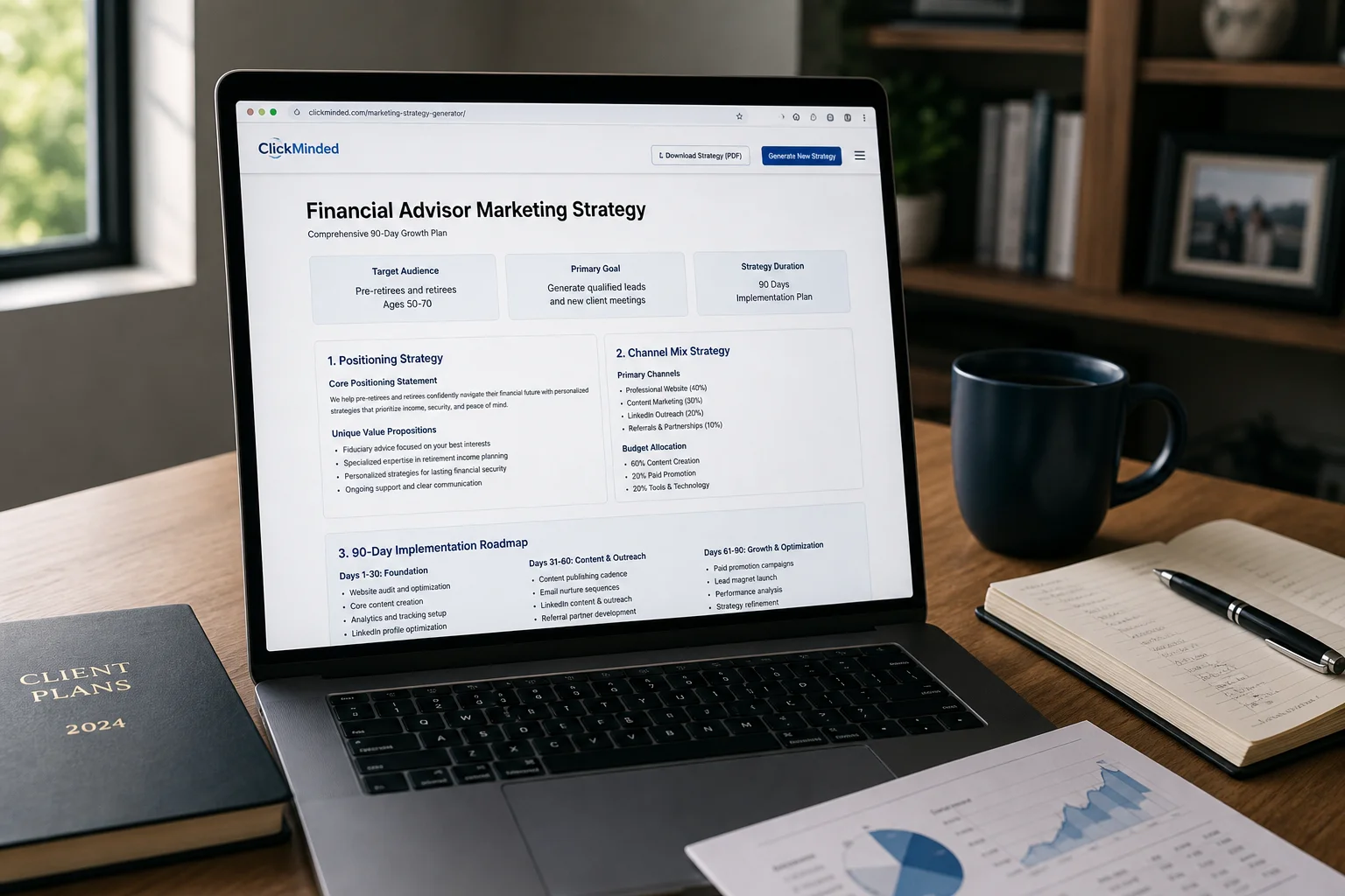 A structured strategy covering positioning, channel mix, and a 90-day roadmap can collapse months of planning into a single starting point for advisors ready to act.