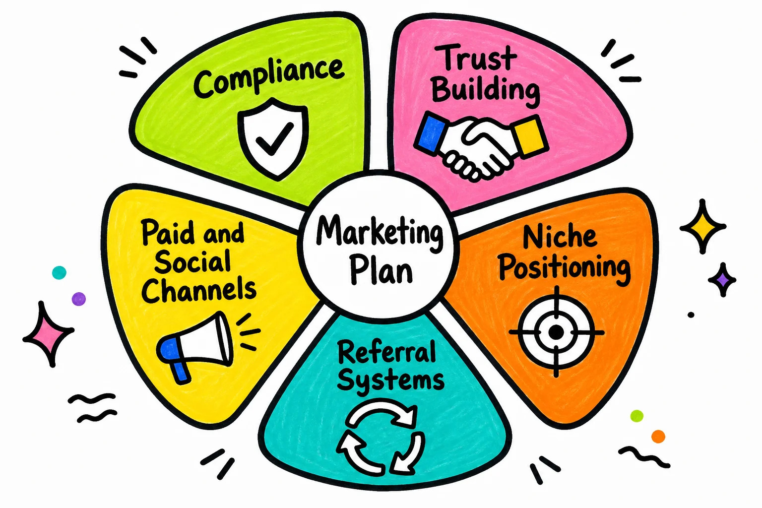 All five pillars connect back to the same center: a coherent marketing plan built specifically for advisors, where each piece depends on the others to work.