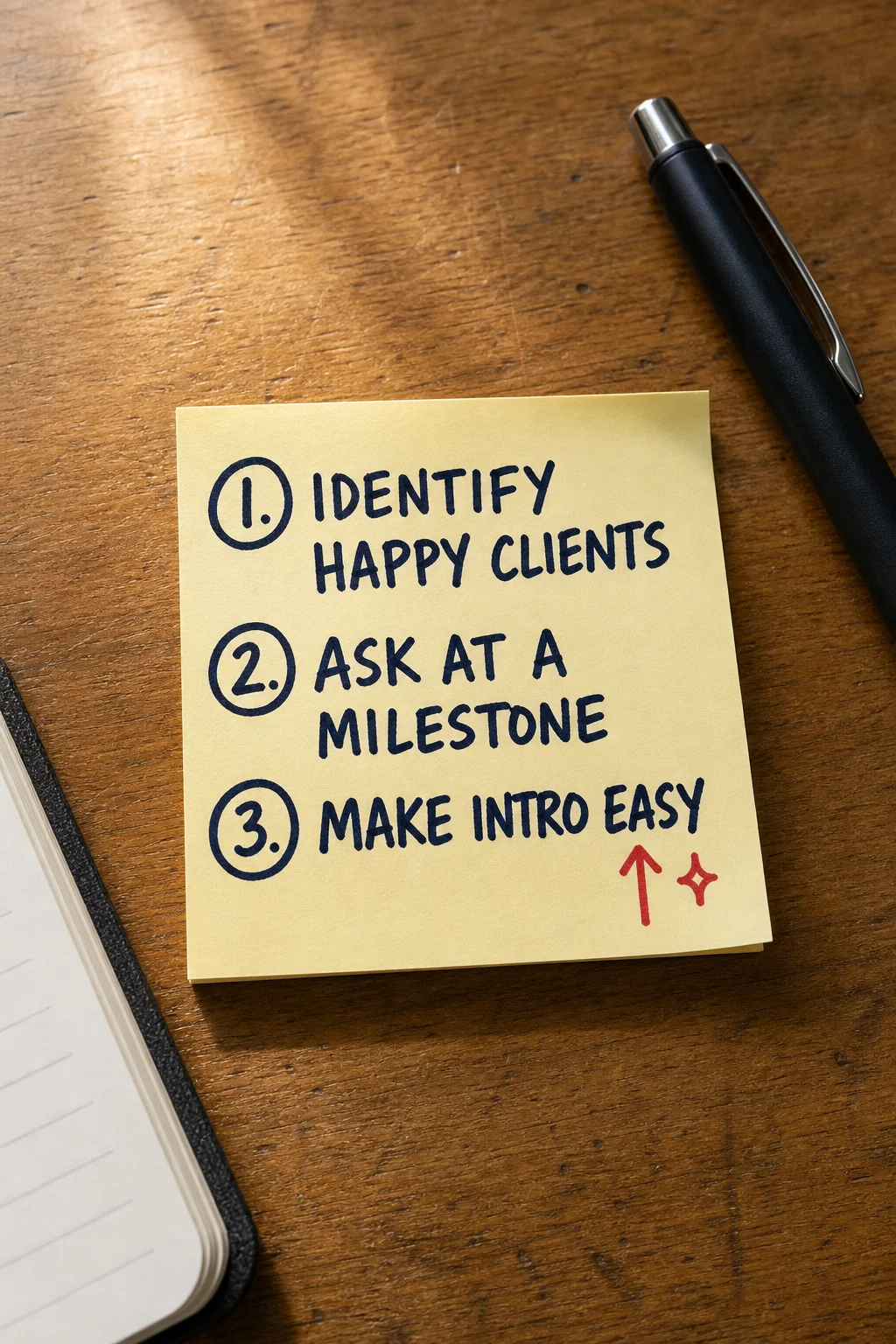 All three steps fit on a sticky note, because the referral system that actually gets used is the one simple enough to remember.
