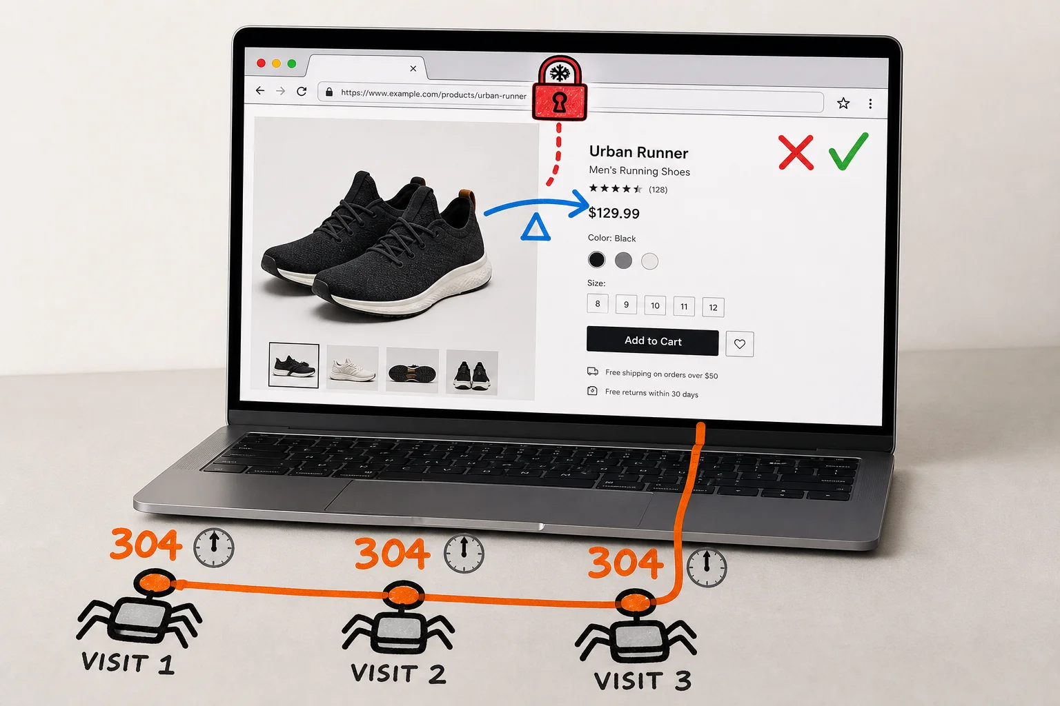 Googlebot can visit a product page three times, receive a correct 304 each time, and never notice the page has changed, because the protocol is confirming a stale cached version.